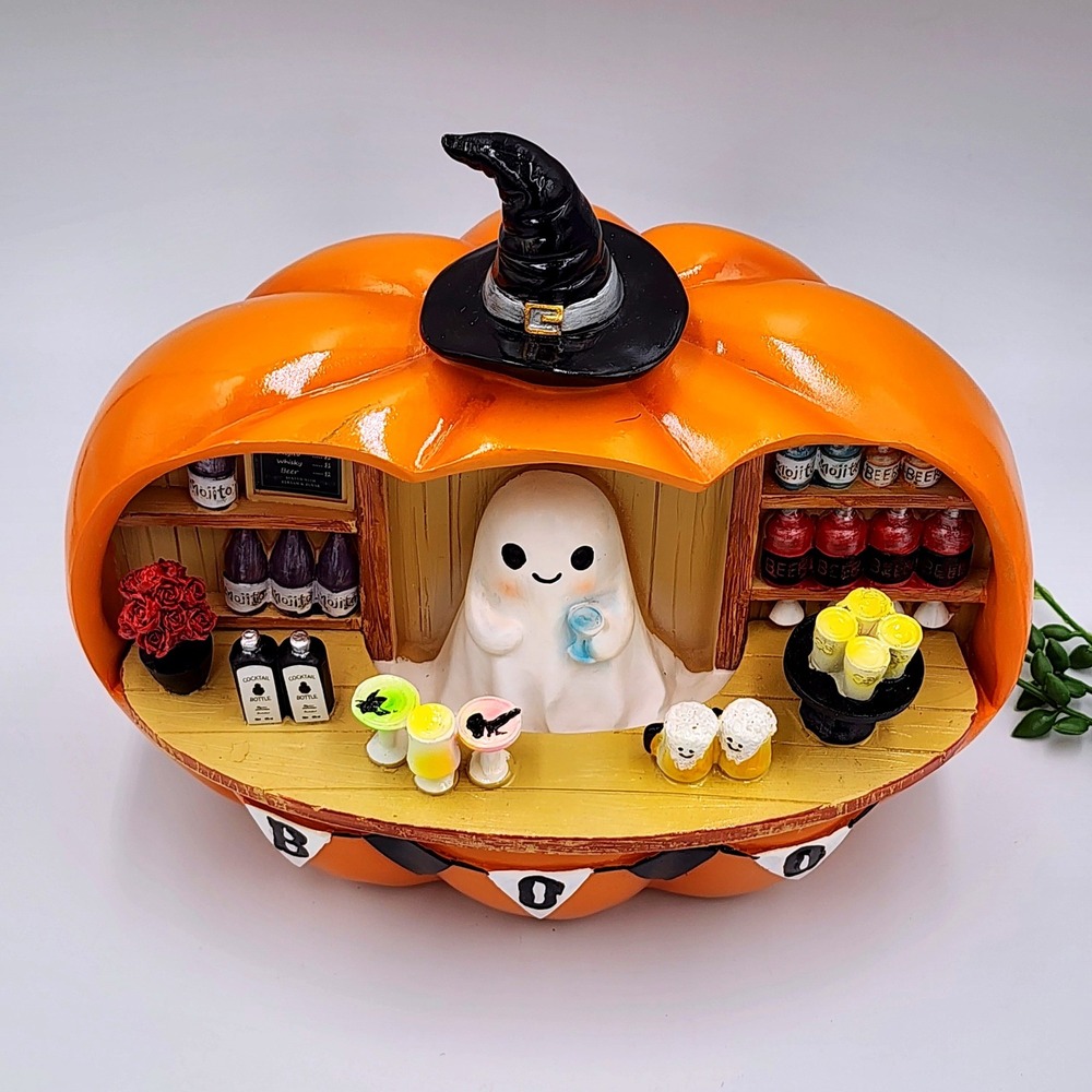 Halloween Ghost Pumpkin Bar Figurine Orange Spooky Whimsical 9" Haunted Bar Boo - Picture 2 of 10